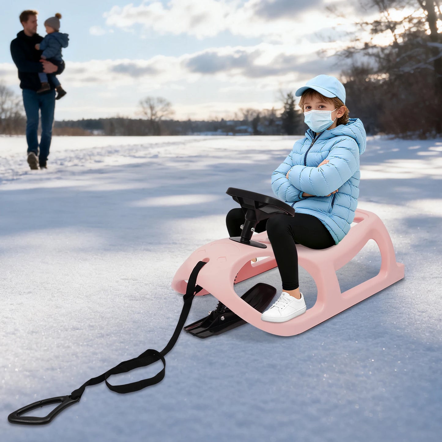 Single Rider Snow Sled, PE Winter Sleigh with Iron Runners, Outdoor Snow Sled for Toddlers & Kids Bearing Capacity 220.46 lbs