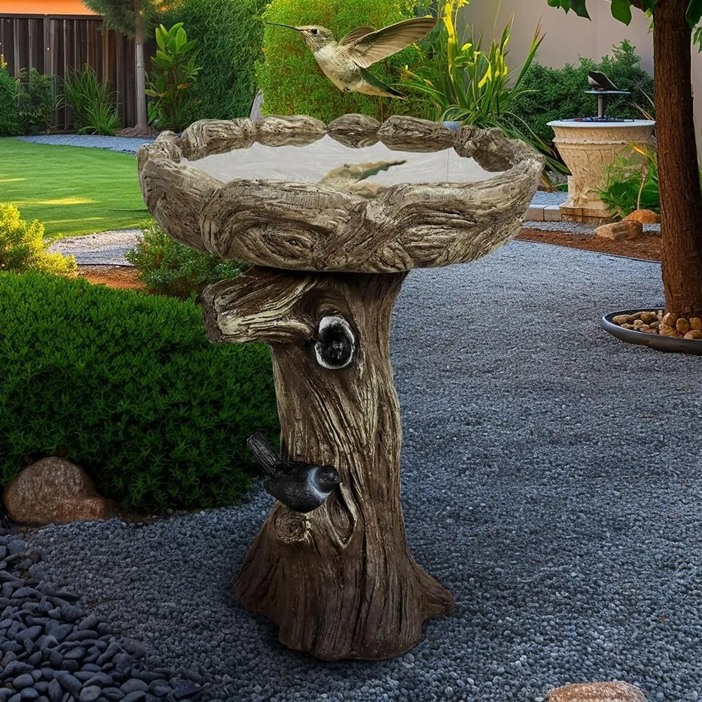 23” Tall Fibre Reinforced Concrete Birdbaths with Birds for Patio, Woodland Tree Trunk Decorative Outdoor Bird Bath