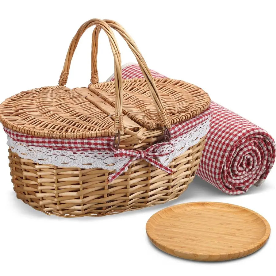 Picnic Basket with Blankets and Bamboo Plates Picnic Supplies Set Basket with Lid and Handle Wicker Picnic Basket Sturdy Woven B