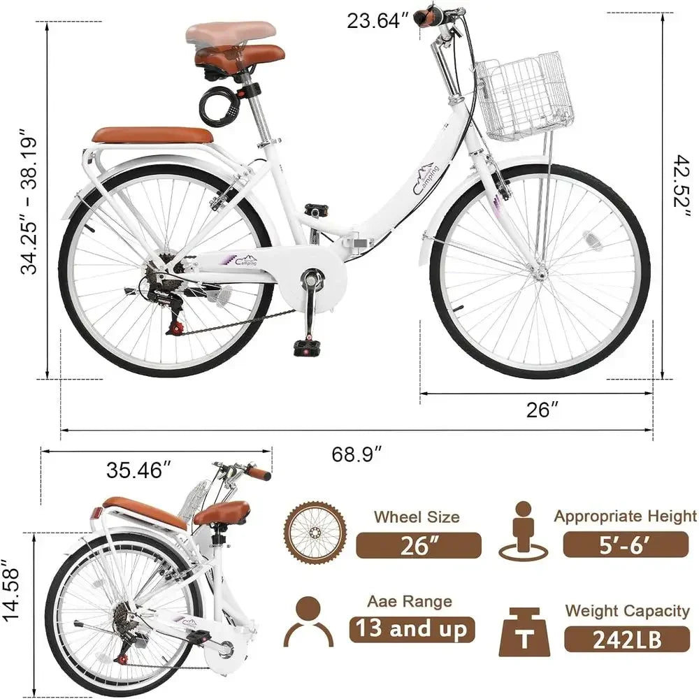 24-26 Inch Adjustable Beach Cruiser Bike with 7-Speed, Lock, Comfortable Seat, Basket, and Ergonomic Handlebars for Adults
