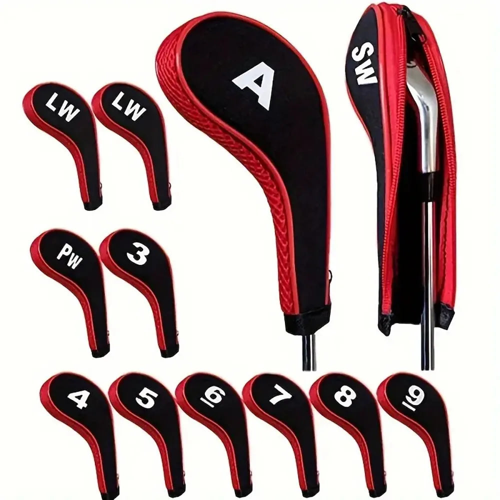 Complete Golf Club Protection Set – 12 Neoprene Covers with Number Print Zippered Driver Head & Long Neck for All Irons