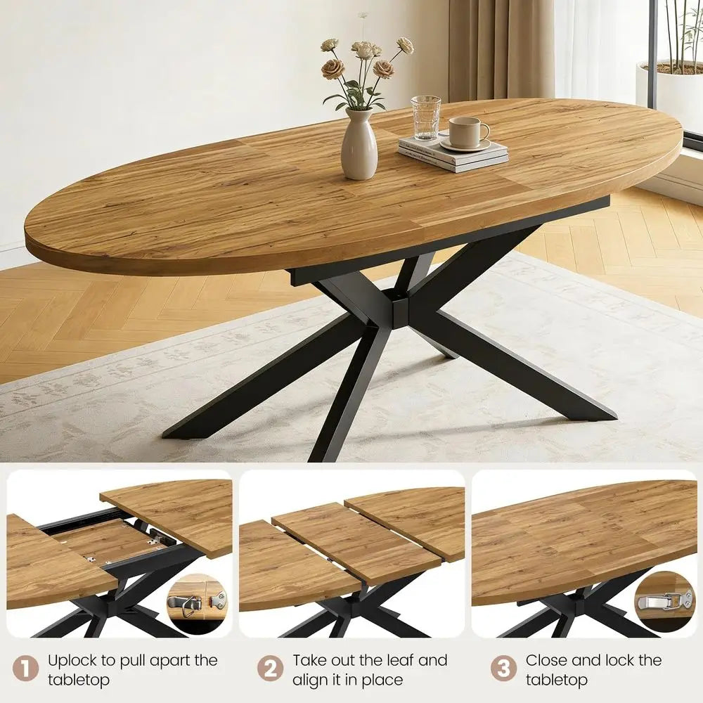 Large Walnut Oval Dining Table for 4-6 People, Space-Saving Design for Kitchen & Living Room
