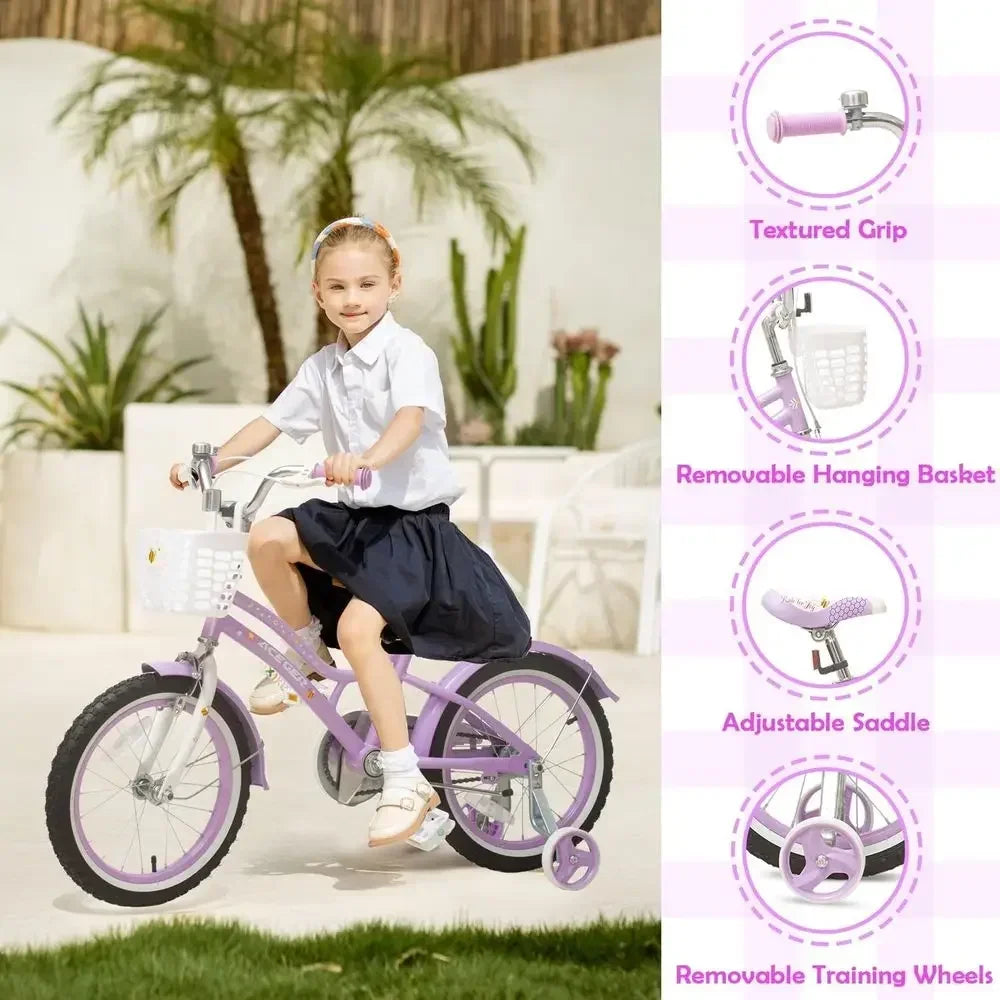 12-18 Inch Girls Bikes with Removable Training Wheels, 20 Inch Model, Adjustable Seat, Steel Frame, Dual Brakes