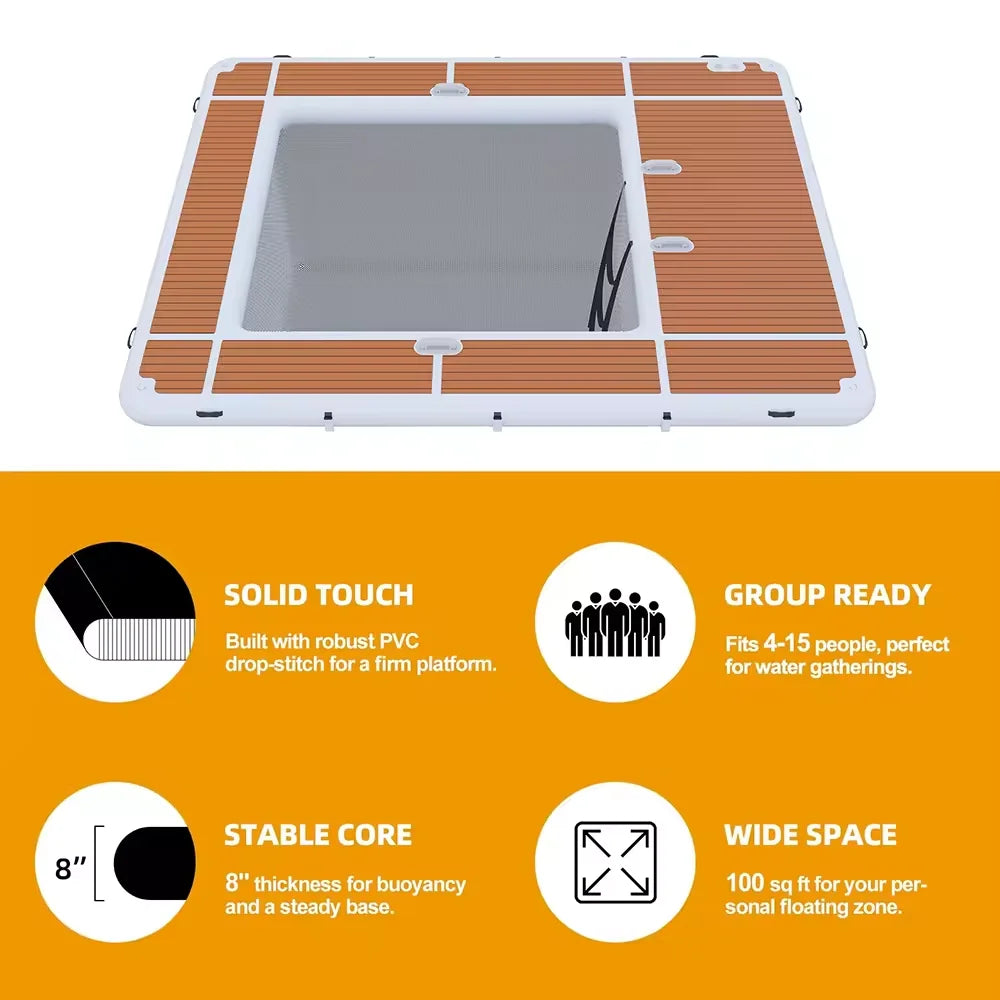 13x10ft Inflatable Yacht Pool with Non-Slip EVA Deck, Heavy Duty PVC Floating Dock with Netting, Portable Sea Swimming Pool for Boat, Lake, and Ocean Water Sports