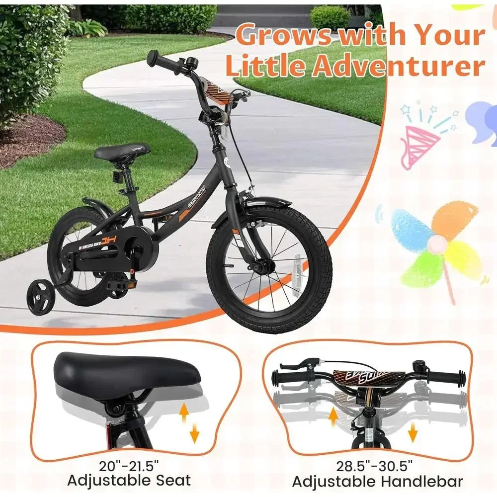 14 Inch Kids' Bike with Training Wheels, Dual Brakes, Adjustable Seat & Handlebar for Ages 3-8 (Black)