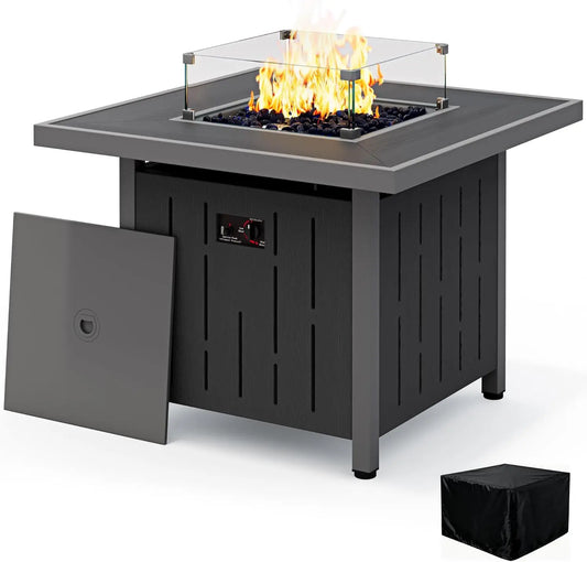 33" Outdoor Fire Pit Table, 50,000 BTU Square Propane Fire Pit Table with Lid, Glass Rock & Glass Wind Guard, Backyard, Black