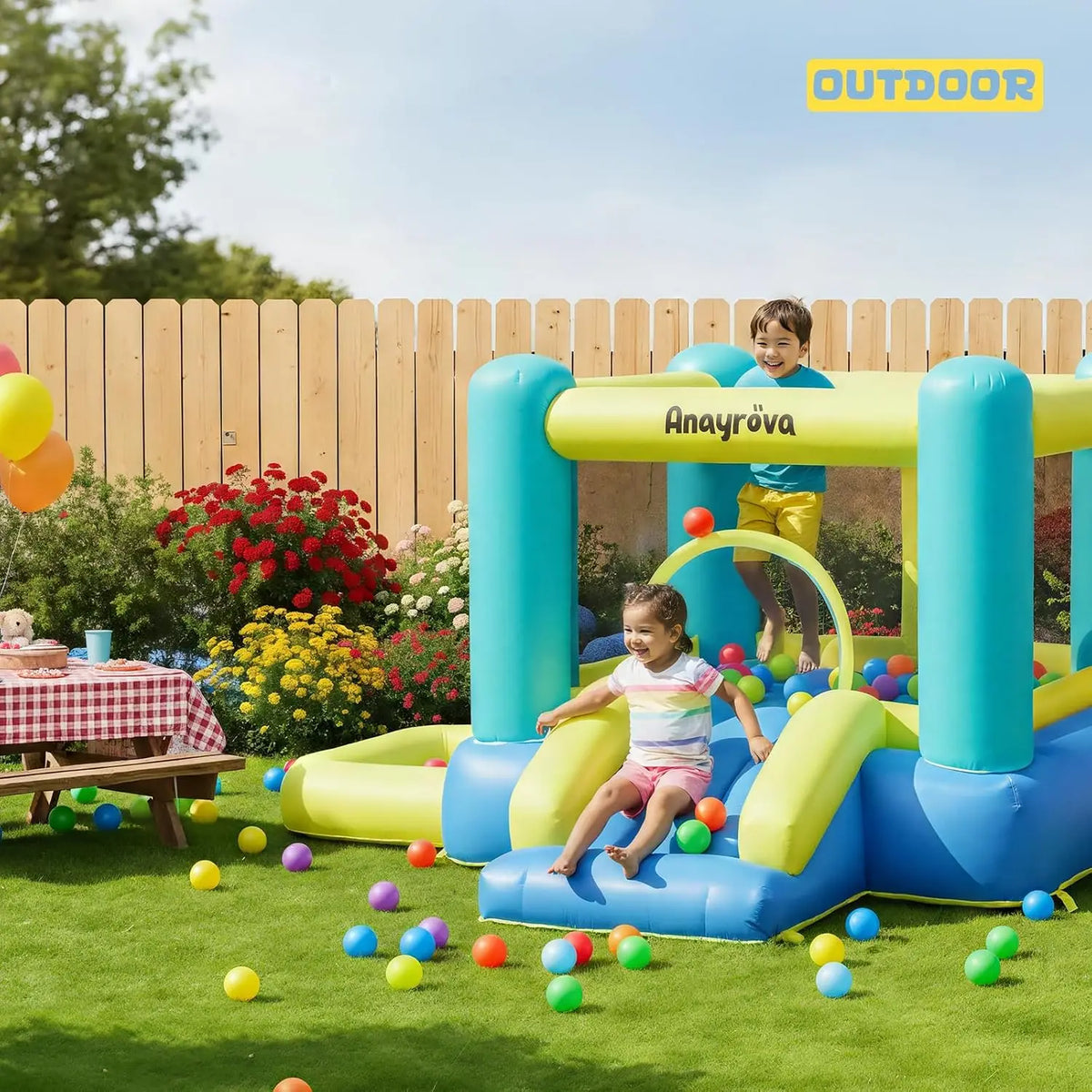 Inflatable Bounce House with Blower, Toddler Bouncy Castle Ages 3-6 | Ball Pit, Basketball Hoop & Target Game for Active Indoor
