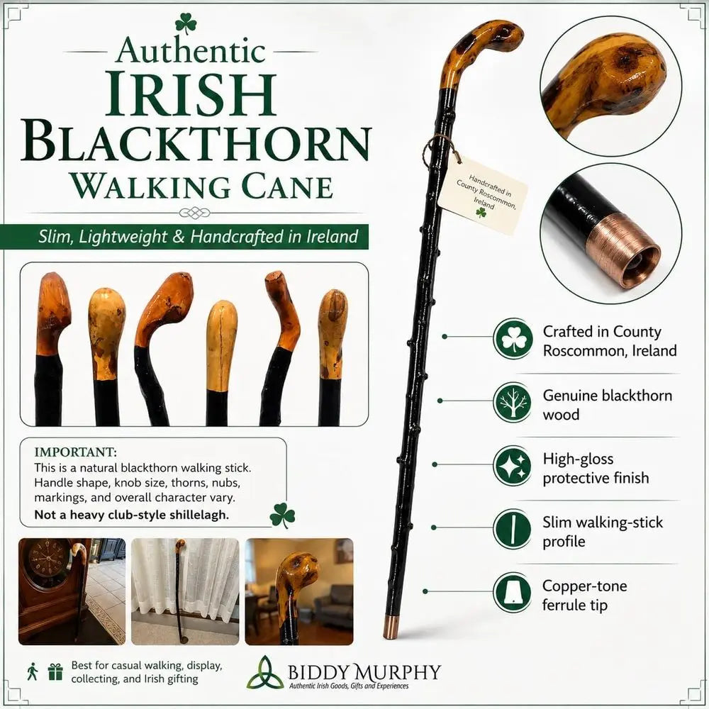 Handcrafted Irish Blackthorn Walking Stick, Unique High Gloss 36 Cane