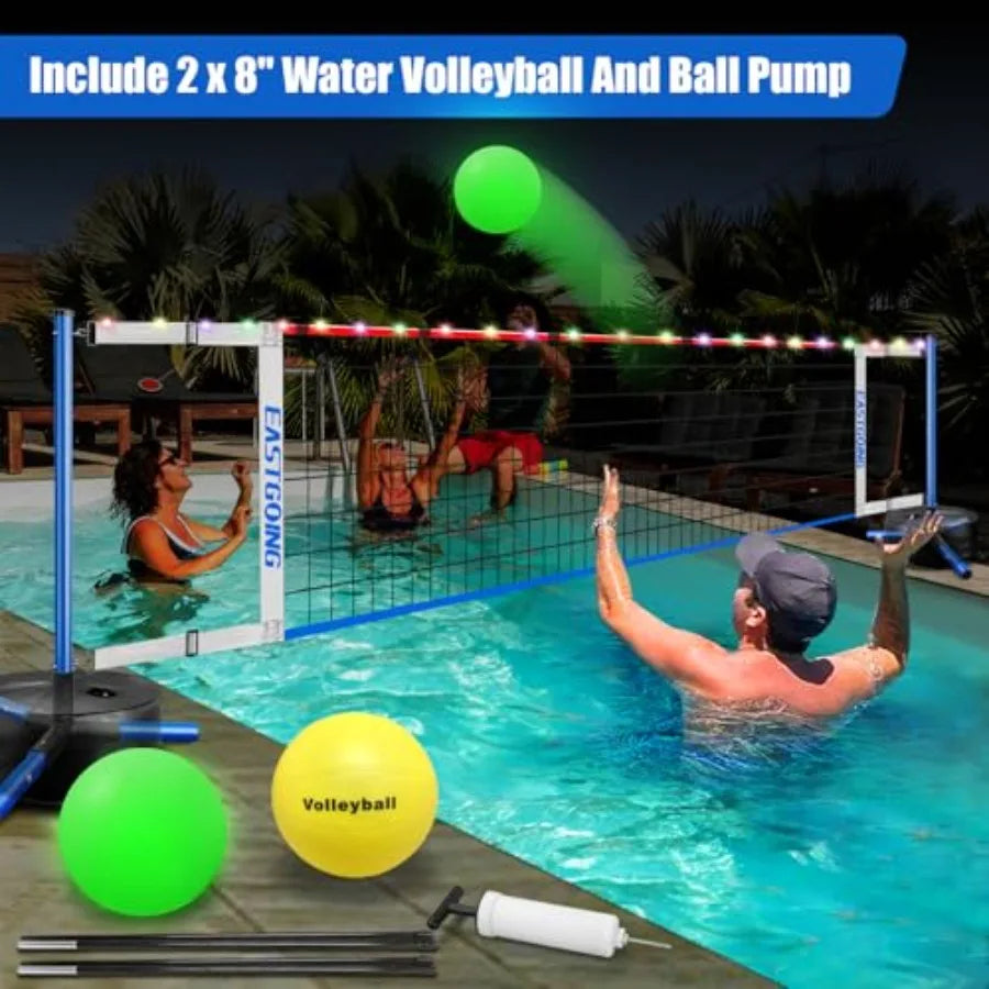 Pool Volleyball Net Set with LightAdjustable Length 15-25FT Swimming Pool Volleyball Net System with 2 Water Volleyballs and He
