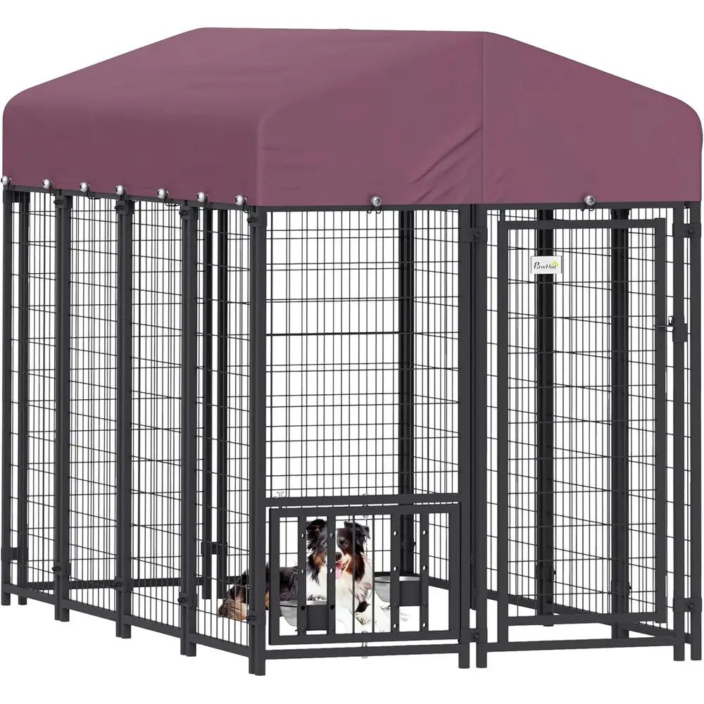 Outdoor Dog Kennel with Roo, 8' x 4' x 6' Heavy Duty Welded Wire Dog Playpen Enclosure with Ese-Proo Lock, Adjustable Bowls, UV-