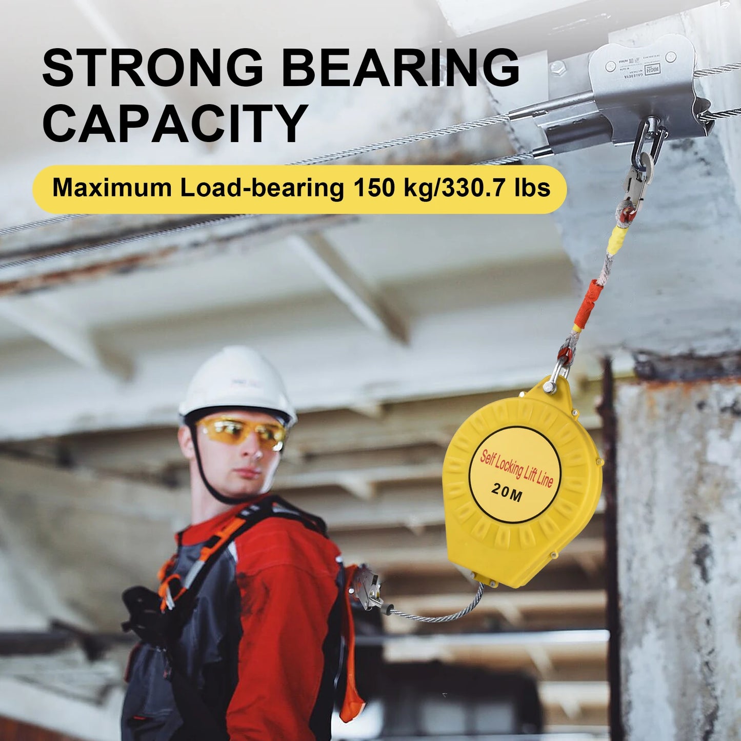 Automatic Retractable Lifeline 65ft/20m, 330lbs Load Fall Protection with Alloy Steel Hook and Nylon Rope for Climbing Safety