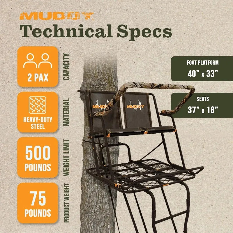 Muddy 2-Person Ladder Tree Stand for Deer Hunting, The Partner, 17' Tall, Black - Adjustable Climbing Treestand with Platform