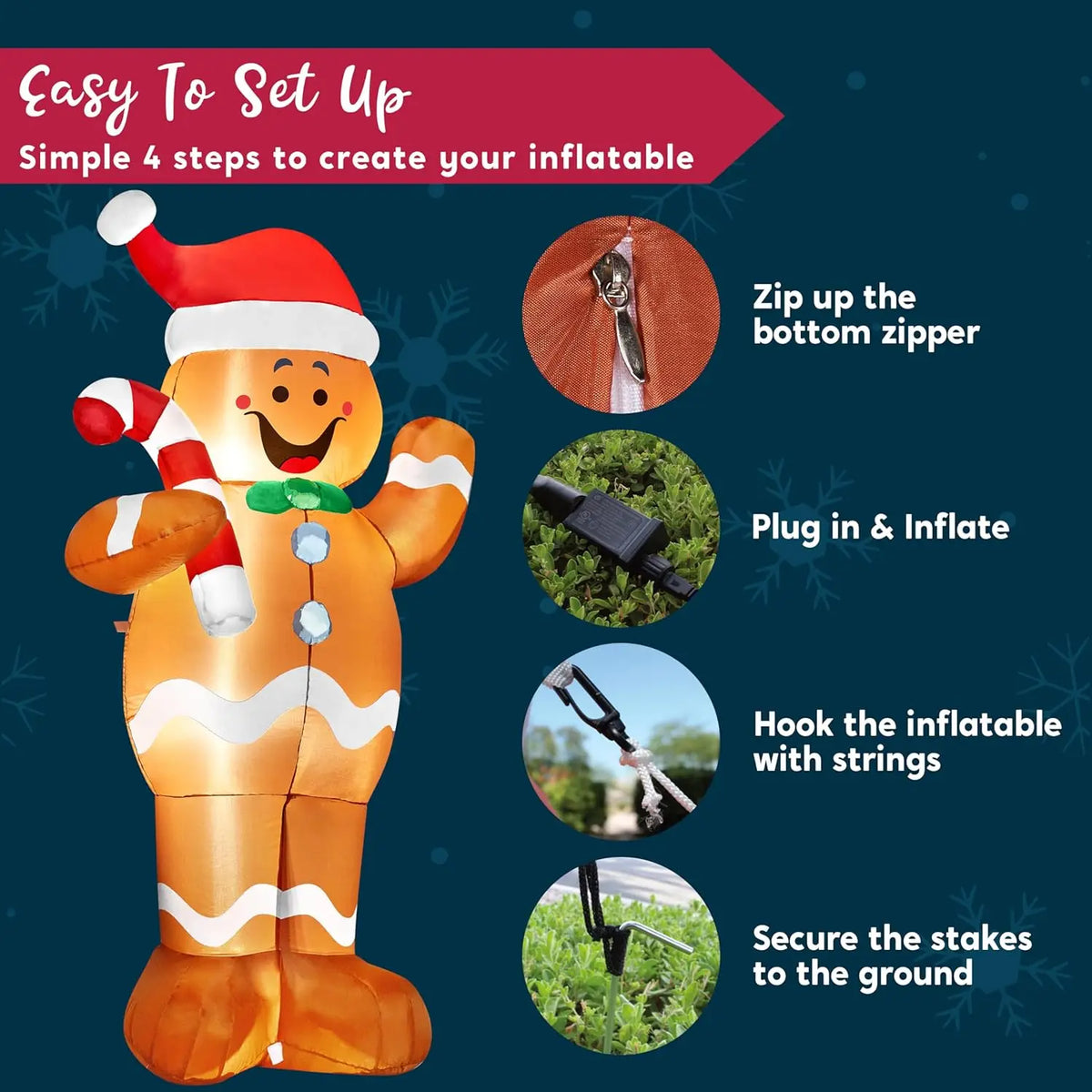 5 FT Christmas Gingerbread Man Inflatable Outdoor Decoration with Candy Canes for Xmas Outdoor Inflatables Decor