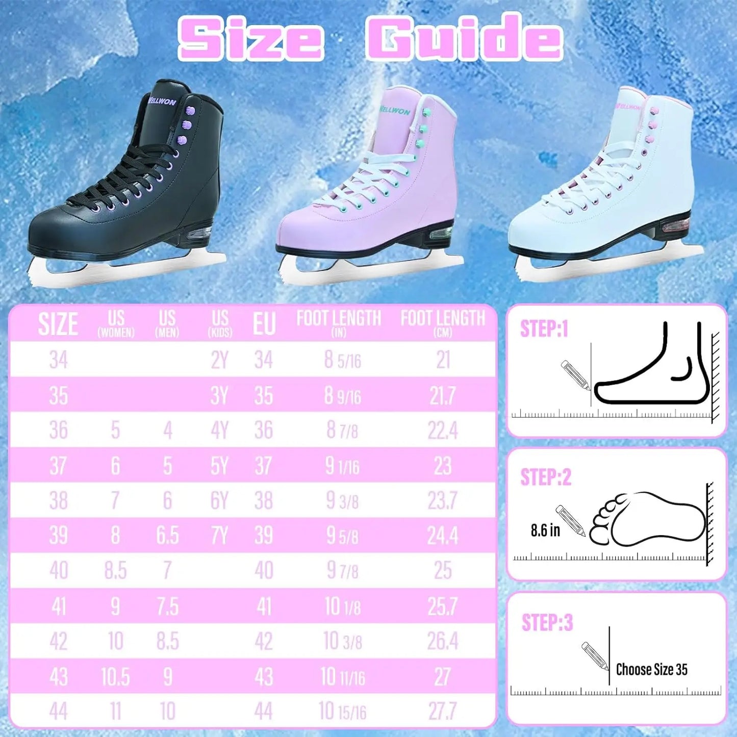 Women's Figure Ice Skates with Air Cushion, White Classic Design for Indoor & Outdoor Use, Sizes 5-10.5