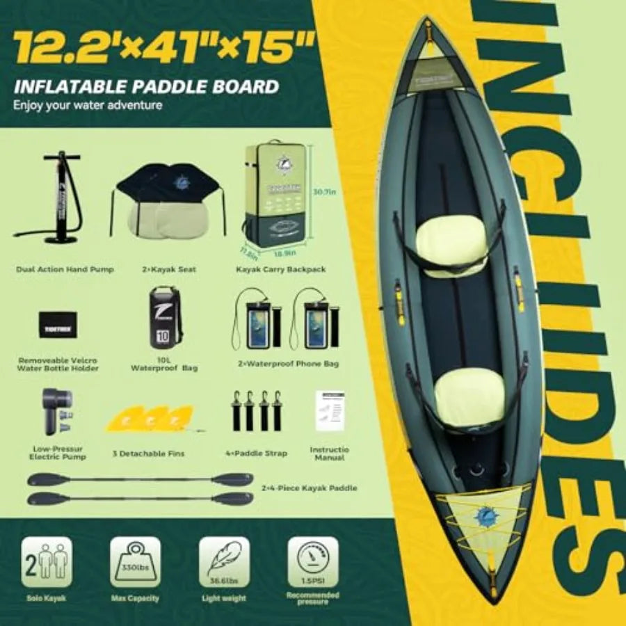 Inflatable Touring Kayak For Lake River And Fishing Use, Pvc Material, Blue And Gray, Lightweight With Waterproof Seat And Full