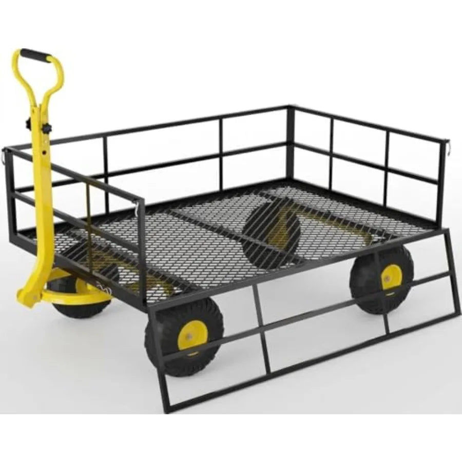 Heavy Duty Steel Garden Cart for outdoor use black steel 1200 LBS capacity 10-inch tires 180 rotating handle ATV/tractor compat