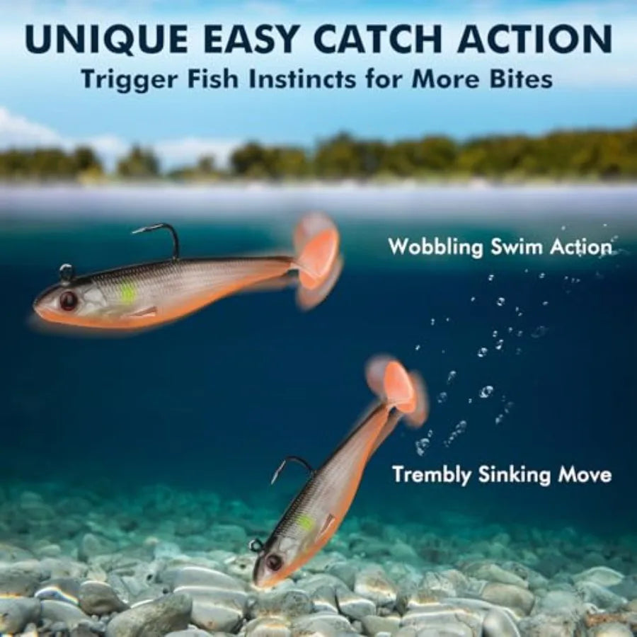 Shadtale Easy Catch Soft Fishing Lures with BKK Hooks - Trembly Sinking and Vibrating Swim for More Bites Pre-Rigged Swimbaits