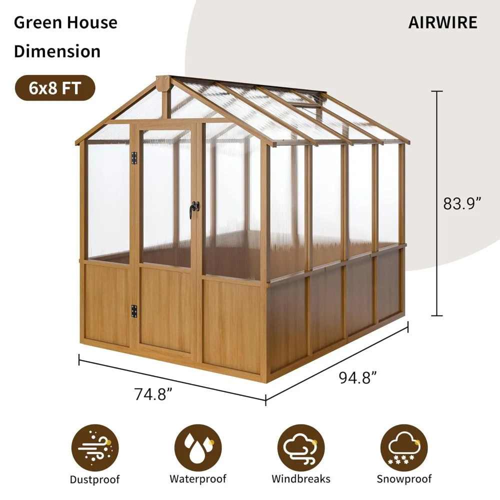 6x8FT Wood Frame Walk-in Greenhouse 6mm Twin-wall Polycarbonate Adjustable Roof Vent Garden Backyard, Custom