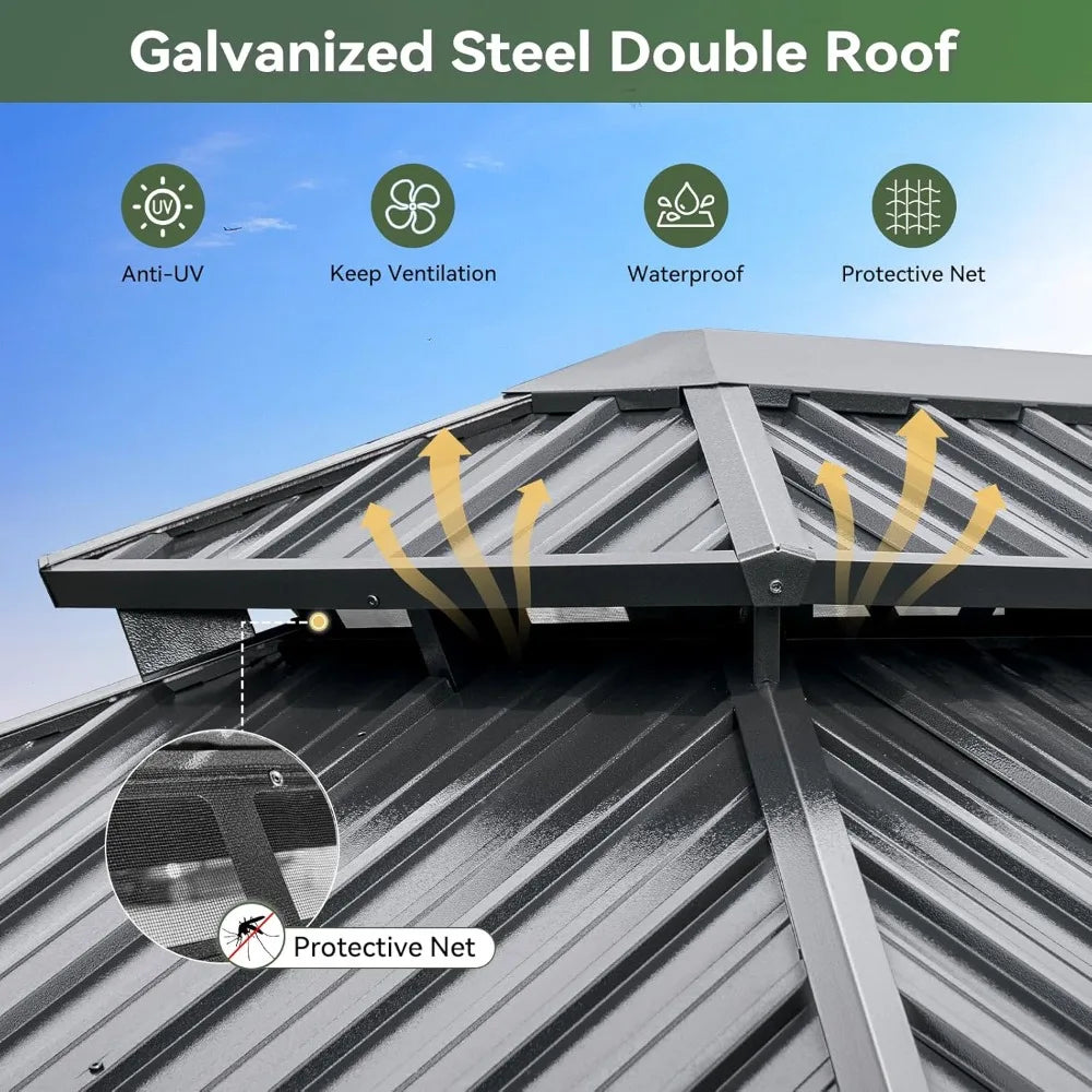 Hardtop Gazebo Double Galvanized Steel Roof Breathable Net & Privacy Curtain Outdoor Patio Backyard Pavilion, Custom