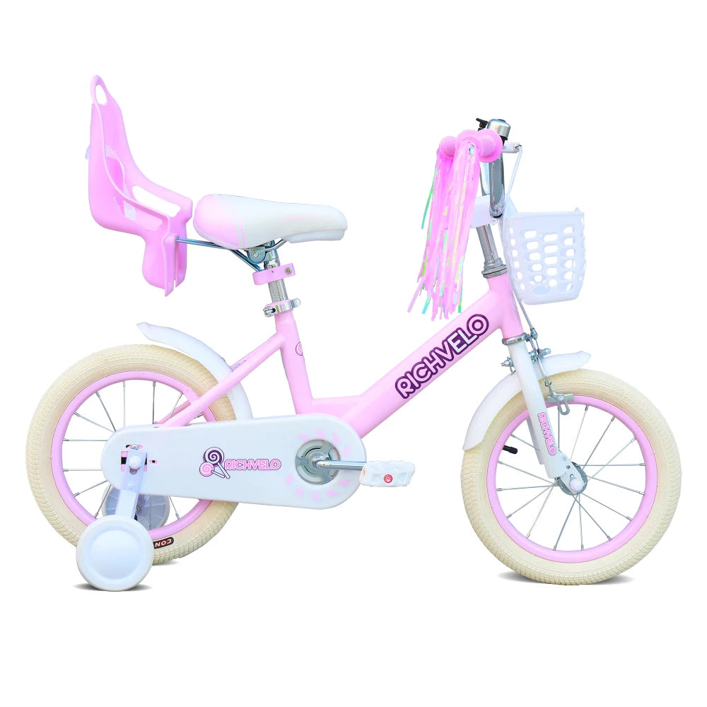 Ye A1202 Kids Bike for Girls 12/14/16 Inch, with Training Wheels, Adjustable Seat, Front Basket, Doll Seat & Colorful Streamers, Toddler Bicycle for 2 - 7 Years Old, Pink Birthday Gift