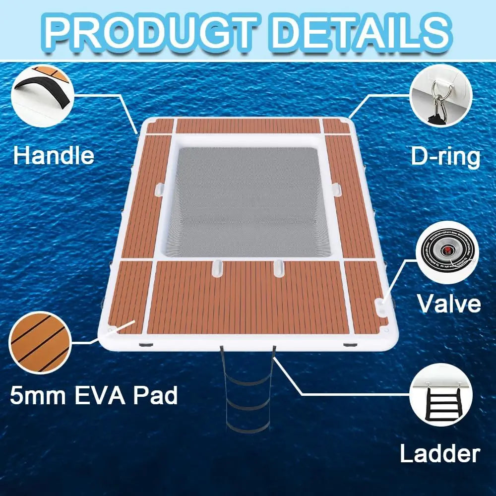 13x10ft Inflatable Yacht Pool with Non-Slip EVA Deck, Heavy Duty PVC Floating Dock with Netting, Portable Sea Swimming Pool for Boat, Lake, and Ocean Water Sports