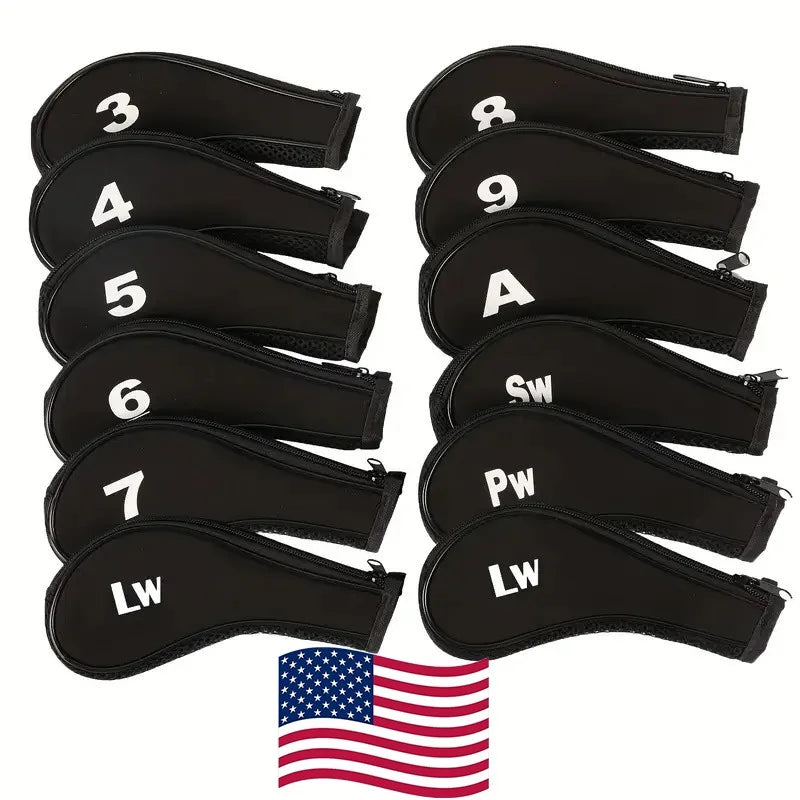 Complete Golf Club Protection Set – 12 Neoprene Covers with Number Print Zippered Driver Head & Long Neck for All Irons