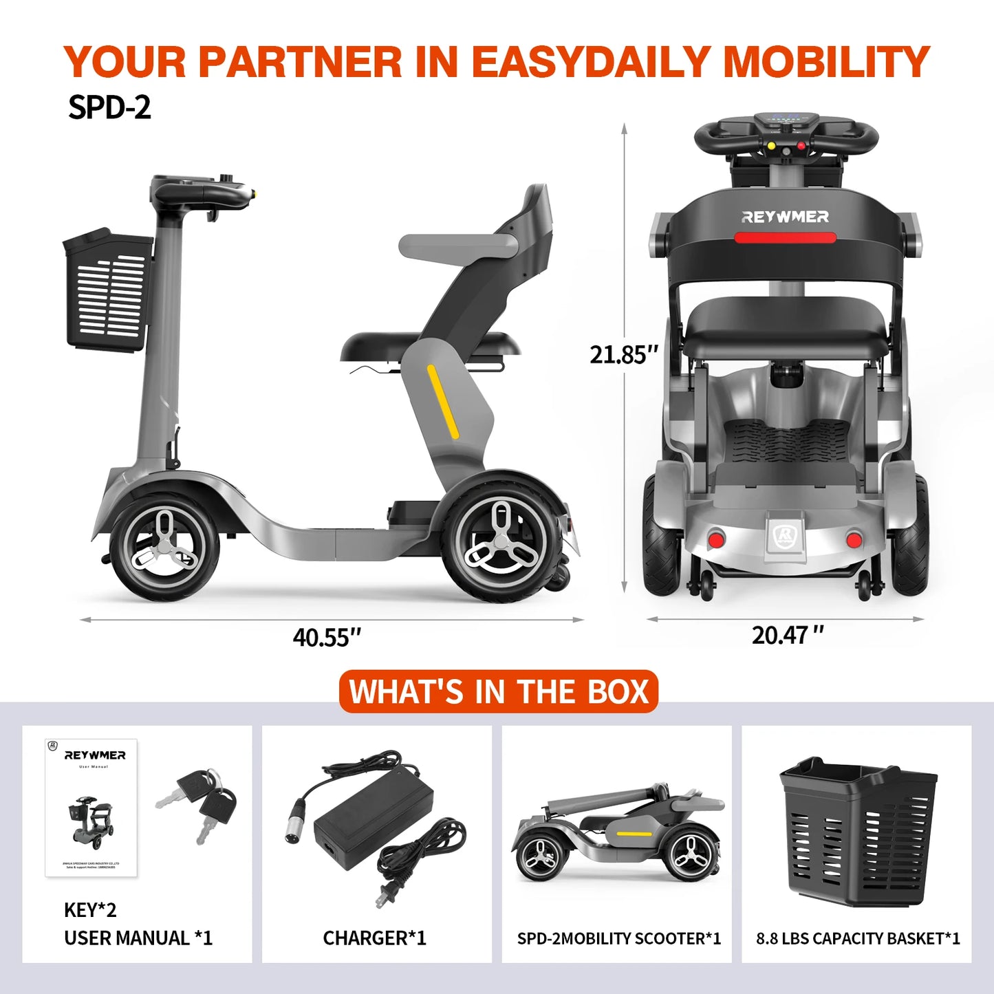 Gray Foldable Portable Mobility Scooter Lightweight All Terrain Compact Design Suitable For Seniors And Adults Easy To Fold Ideal For Travel Daily Outdoor Use Stable Comfortable Structure Easy To Control For Daily Commute And