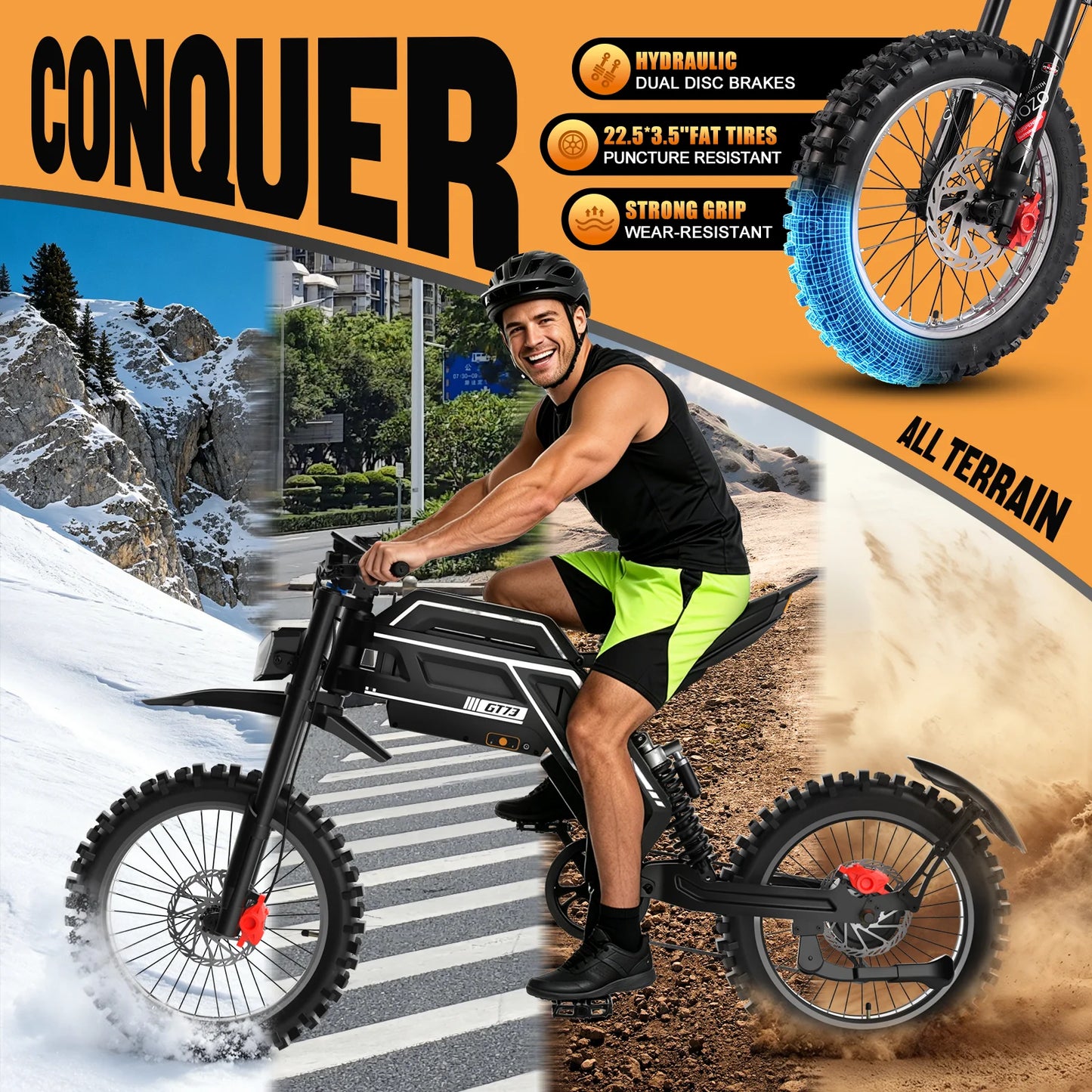 22.5x3.5 Inch Fat Tire Electric Bike 3000W High Power Adult Off Road Mountain Ebike Max 70KM/H 58V 30Ah Removable Battery All Terrain Snow Motor