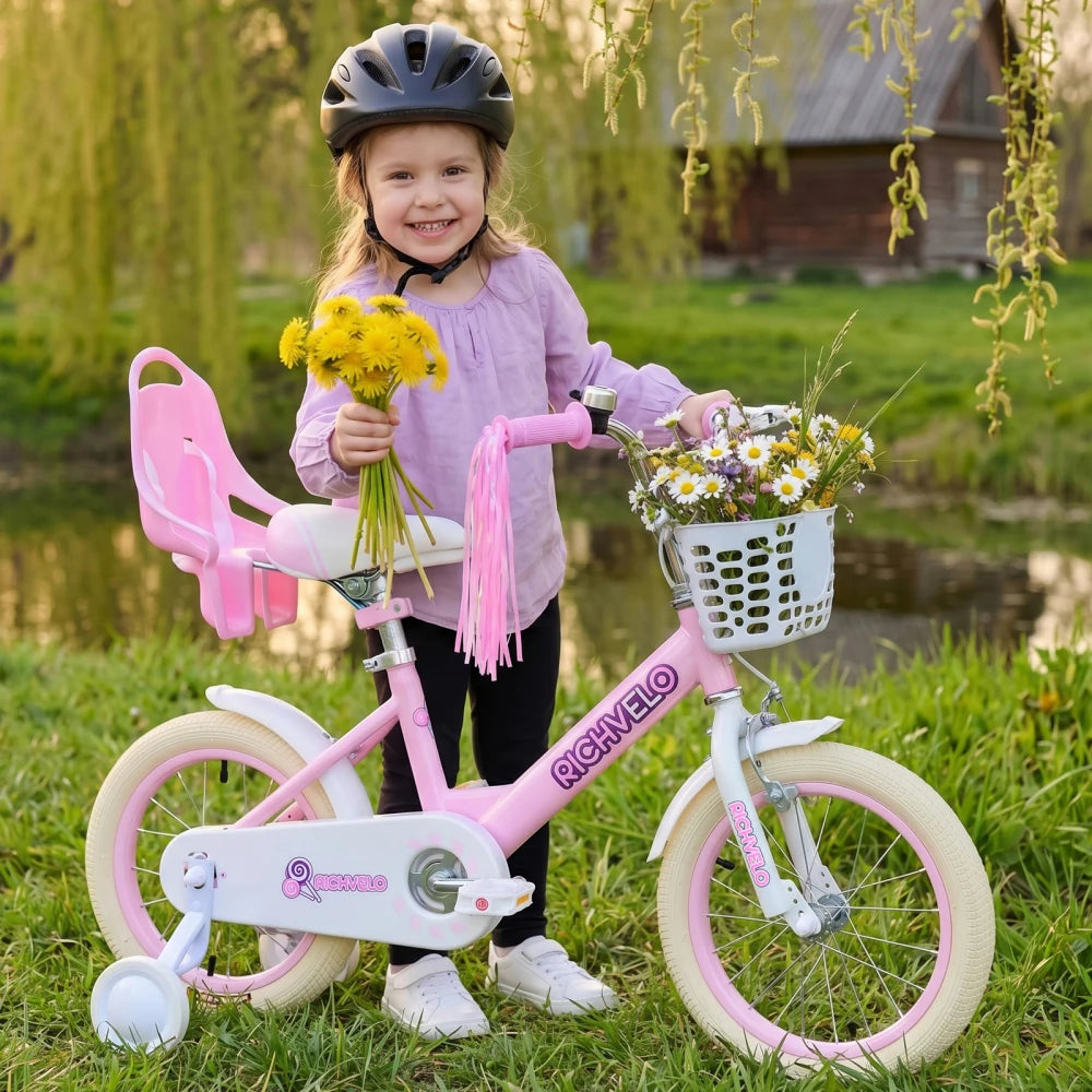 Ye A1202 Kids Bike for Girls 12/14/16 Inch, with Training Wheels, Adjustable Seat, Front Basket, Doll Seat & Colorful Streamers, Toddler Bicycle for 2 - 7 Years Old, Pink Birthday Gift