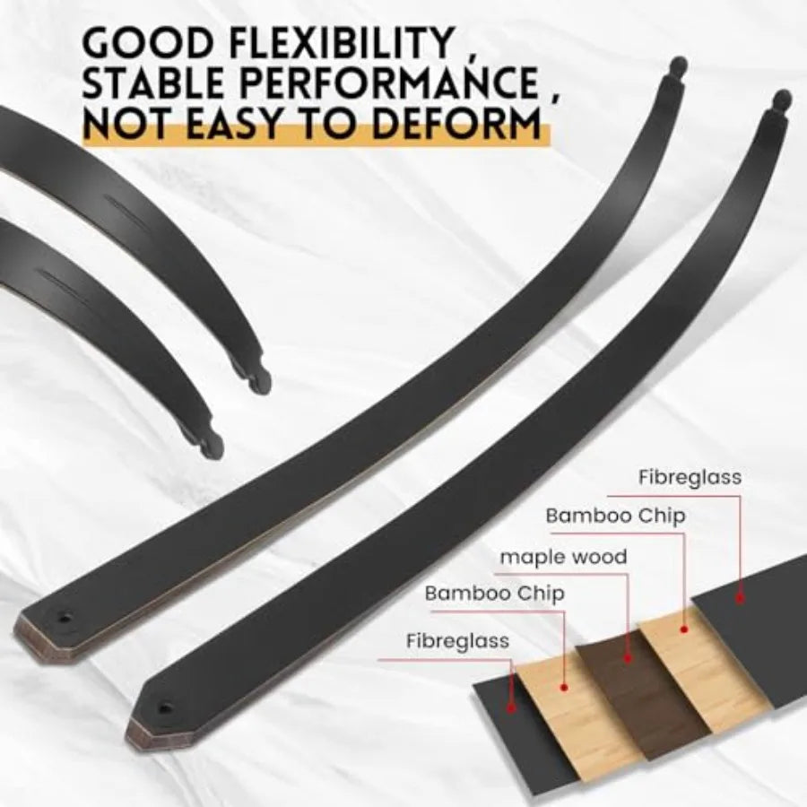 Archery hunting and target practice: black recurve bow with bamboo core limbs, 60-inch takedown design for durability and porta