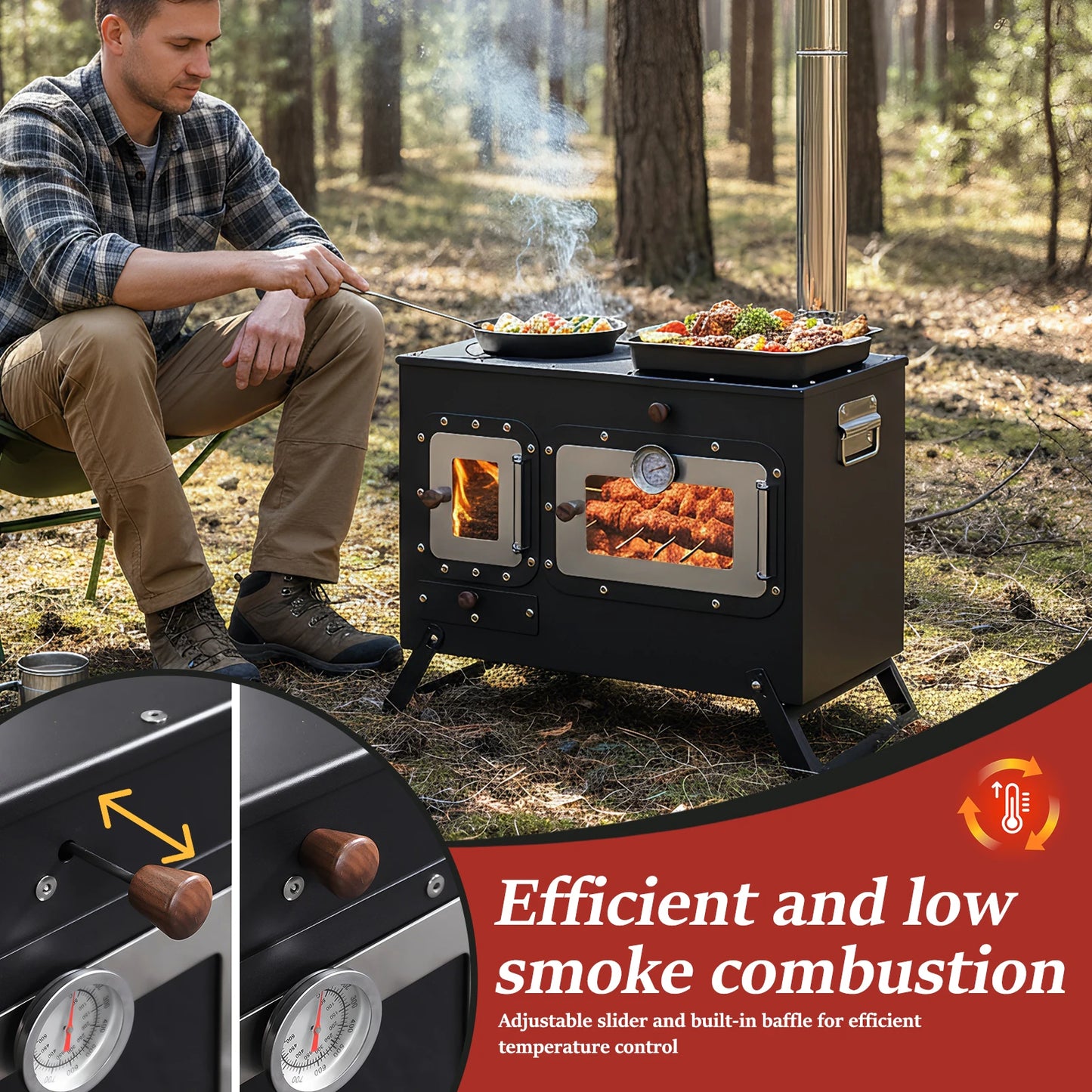 Hot Tent Stove with Chimney Pipe Folding Portable Wood Stove with Oven for Outdoor Heating & Cooking Ice Fishing Hunting