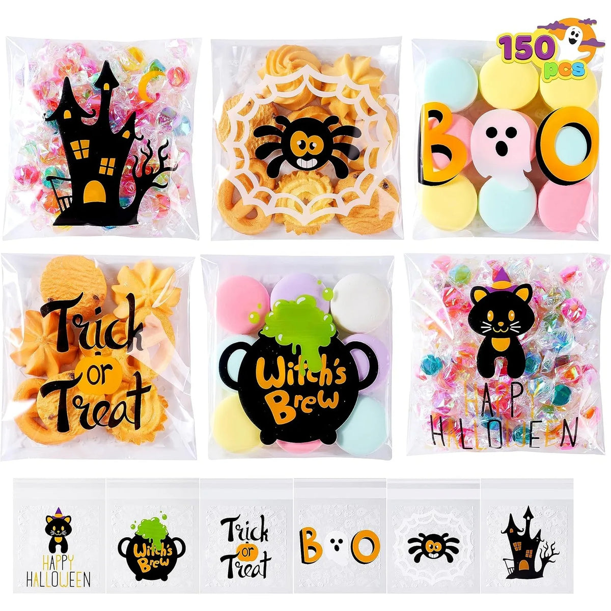 150 PCS Cellophane Treat Bags Halloween Self Adhesive Clear Cookie and Candy Bags for Kids Trick or Treating, Small Goodie Gift Ziplock Bag Bulk for Halloween Party Favors Supplies in 6 Designs