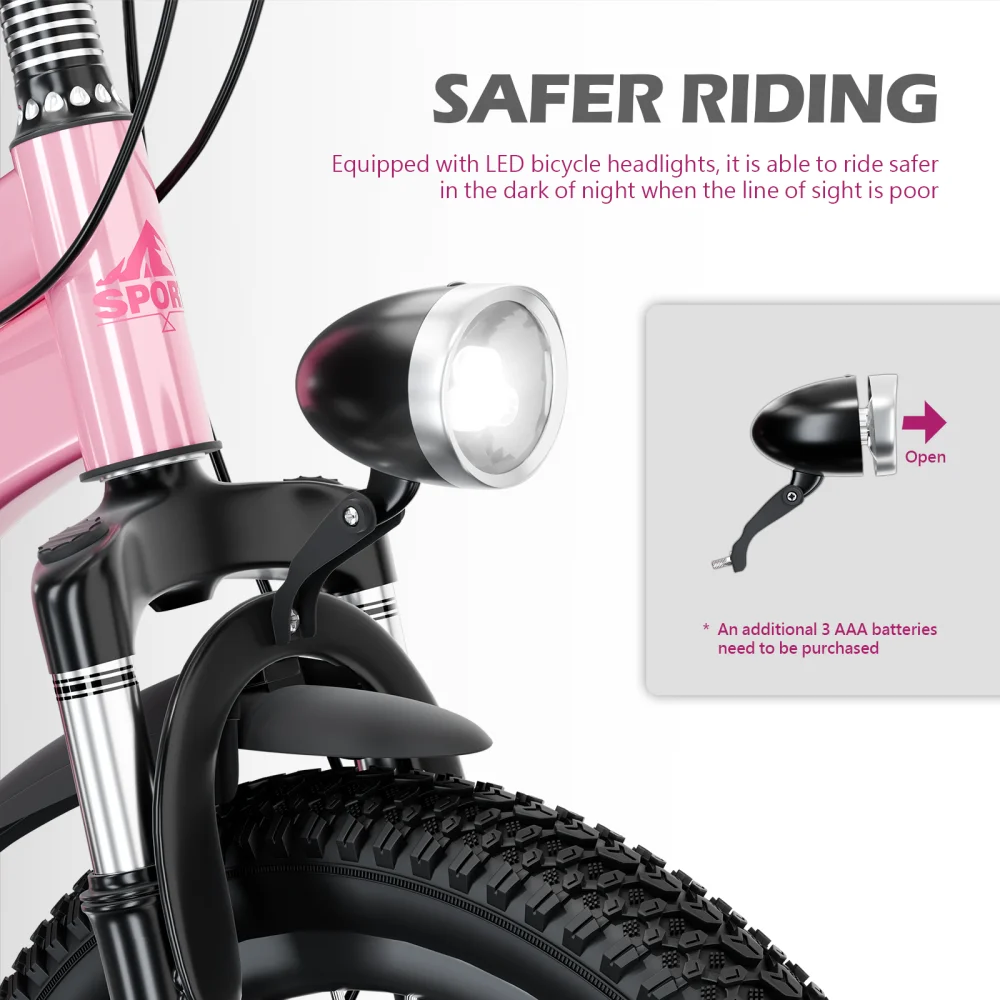 20 Inch Kids Mountain Bike for Boys & Girls Ages 7-12 – 7-Speed Gears, Dual Disc Brakes, Shock Absorber Front Fork, LED Light – Silver & Pink