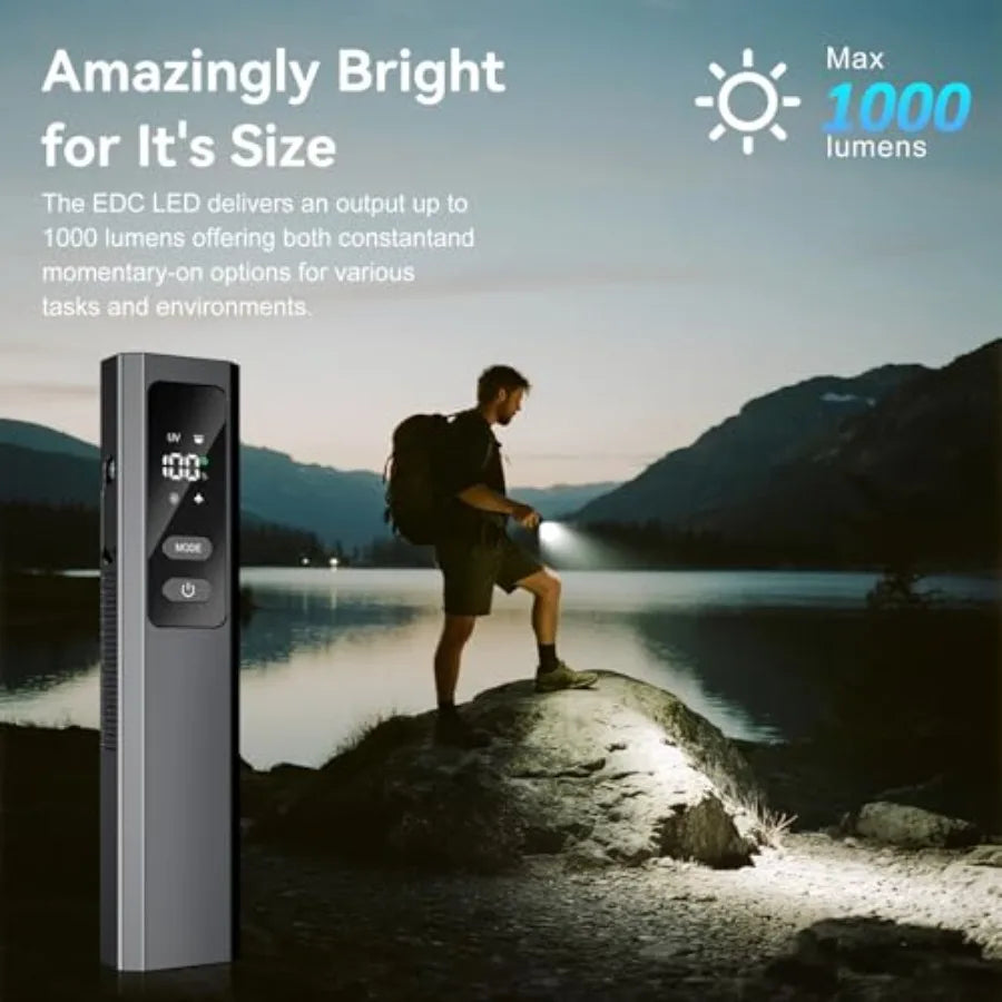 5IN1 EDC Flat Flashlight with Beam, 1000 Lumen Rechargeable Pocket Magnetic Work Light with UV Light, Side Light and Warning Li