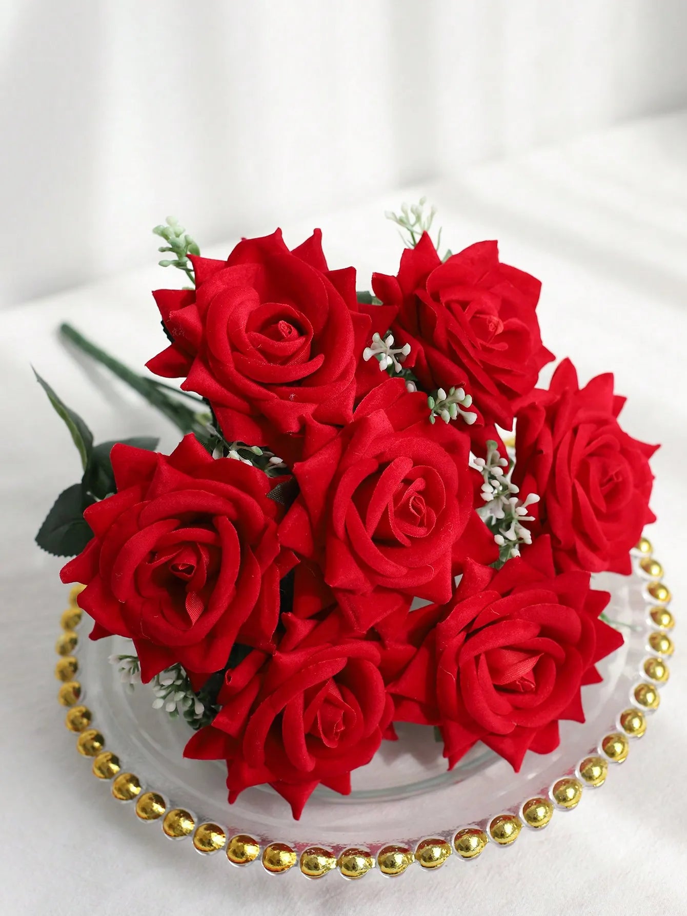 1 Bunch Valentines Rose Flowers Artificial Rose Flowers Velvet Roses Silk Rose Realistic Faux Red Rose Bouquets For Wedding Party Home Decor Valentine's Day Gifts For Her Birthday Gifts For Women, Valentine's Day, Gift Gradua