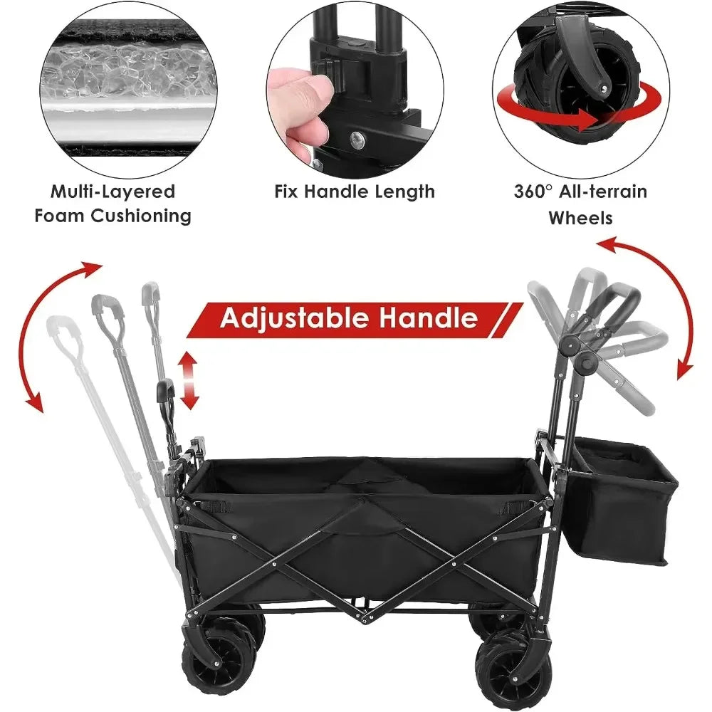 Large Collapsible Wagon w/Removable Canopy Foldable Garden Cart W/ Big Wheel&Adjustable Handles