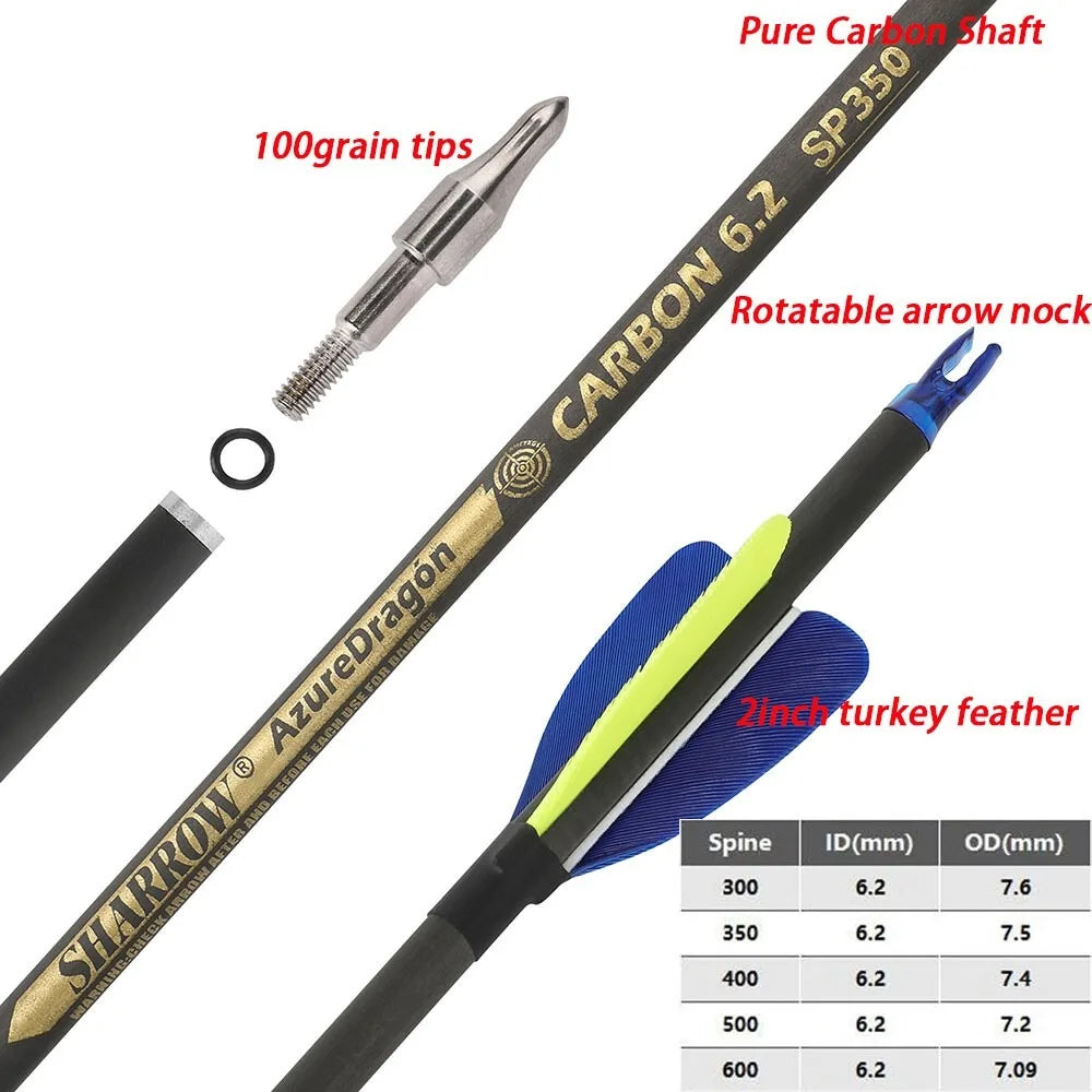 Archery Arrows 32 Inch Pure Carbon Spine 500/600 ID6.2mm with 2 Inch Feathers for Hunting Shooting Target Practice