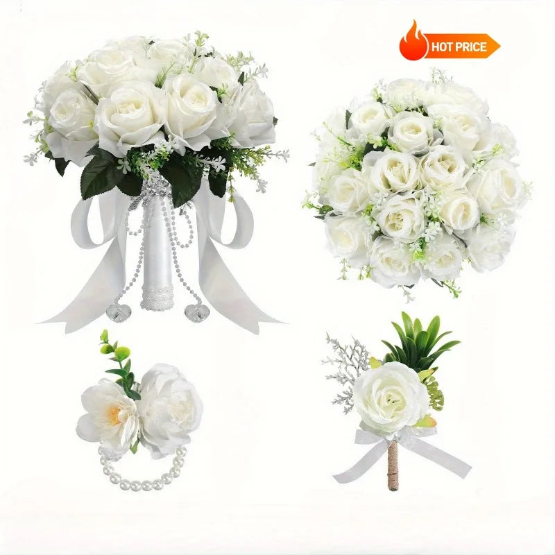 3Pcs Bridal Bridesmaid Wedding Bouque Artificial White Silk Rose,Mariage Bouquet,Wedding Accessories,Boutonnieres,Wrist Corsage