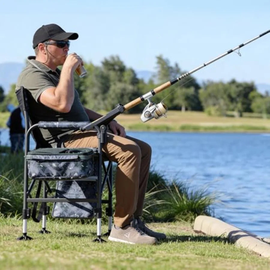 Outdoor fishing chair with rod holder, folding ice fishing chair for adults, aluminum frame, black, adjustable legs, includes c