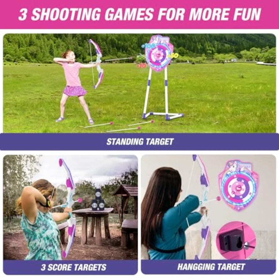 Indoor outdoor kids' archery set: LED unicorn bow and arrow, plastic, rainbow, glow-in-the-dark target with suction cup arrows,
