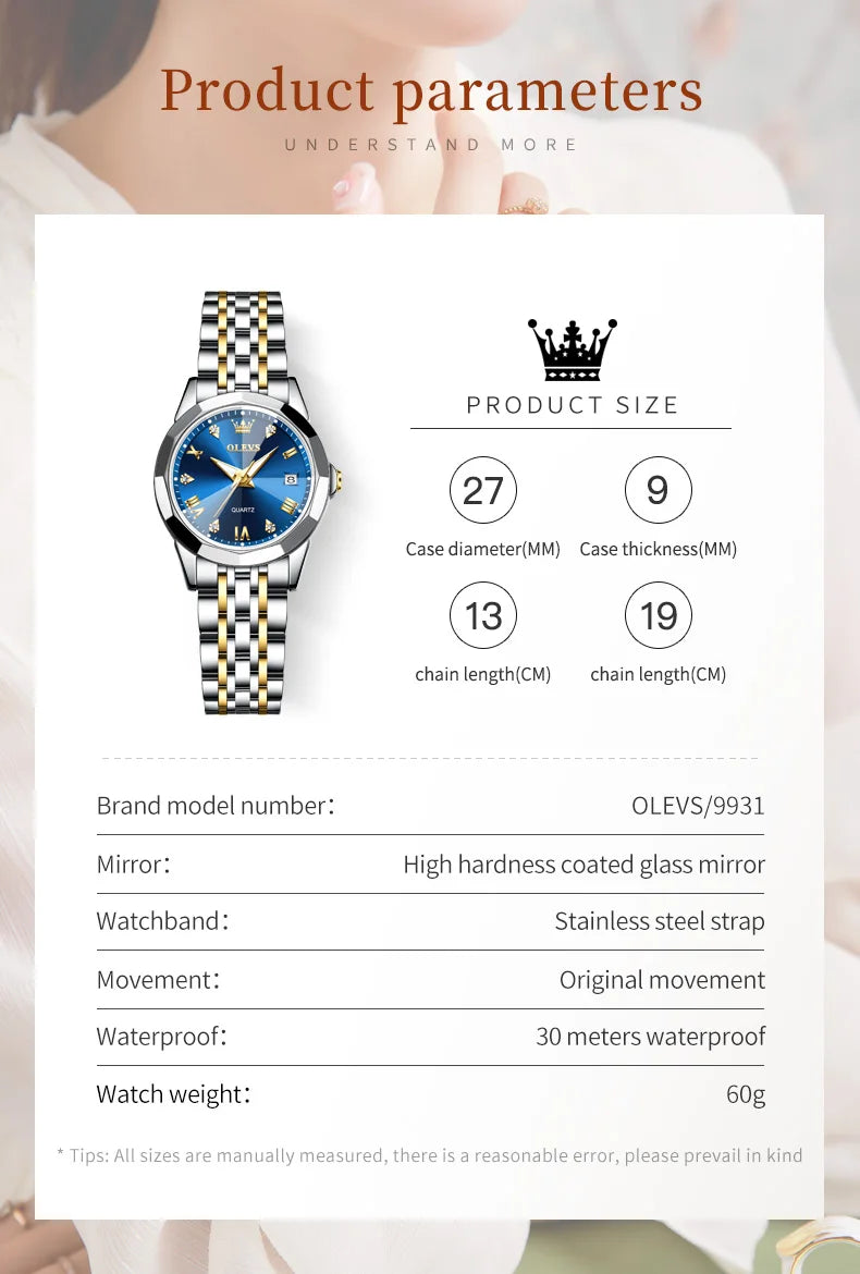 OLEVS 9931 Quartz Women Watch Original Stainless Steel Dual Calendar Luxury Top Brand Waterproof Ladies Watches Jewelry Set Hot