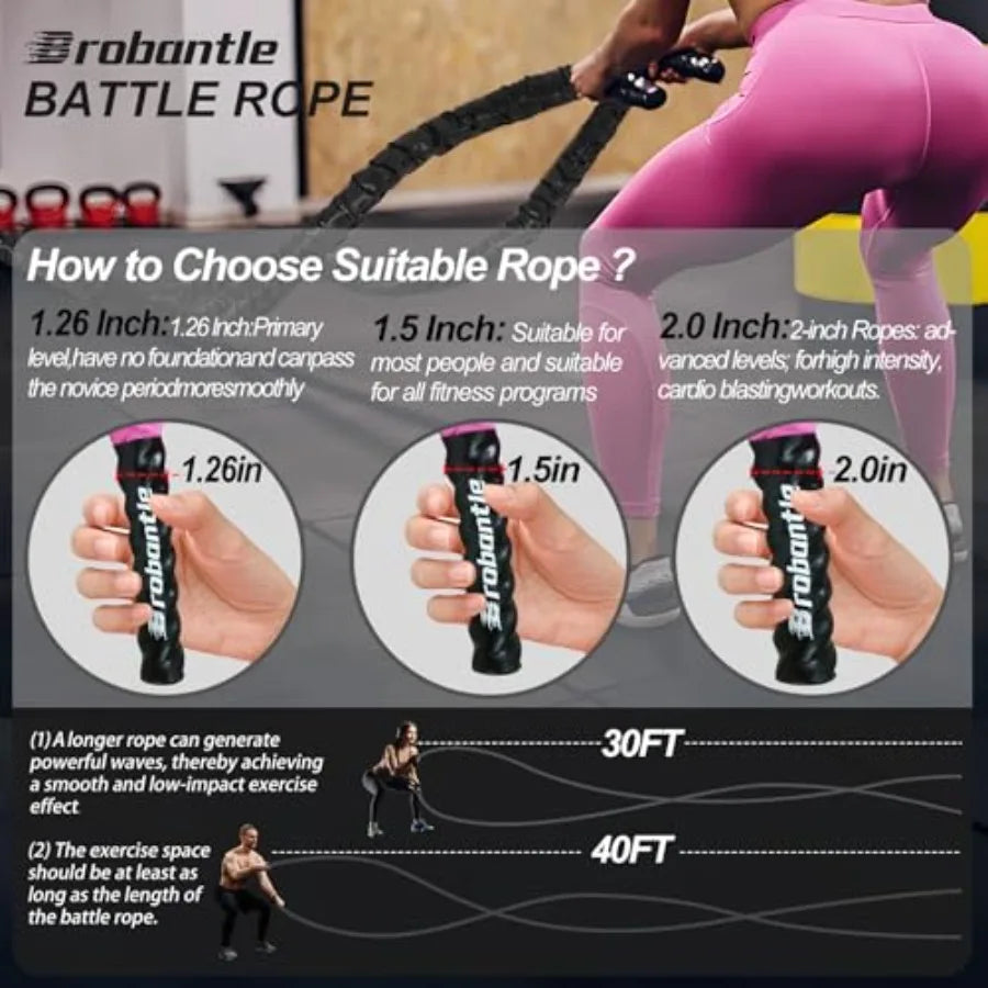 Battle Rope 1/1.26/1.5/2 Inch DiameterPink 30FT/40FT/50FT Exercise Workout Ropes for Home Gym Heavy Weighted Training Rope for