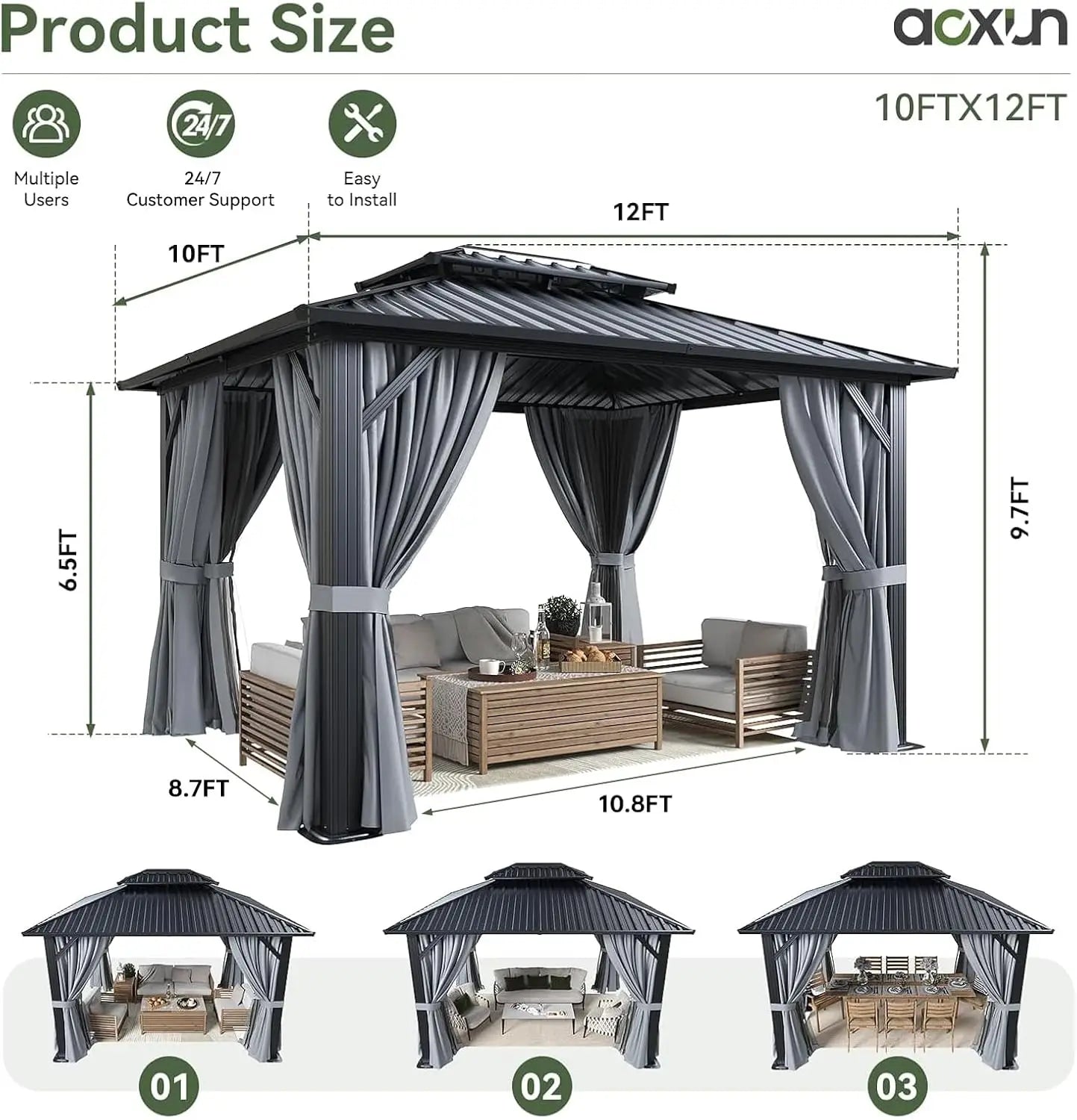 Hardtop Gazebo Double Galvanized Steel Roof Breathable Net & Privacy Curtain Outdoor Patio Backyard Pavilion, Custom