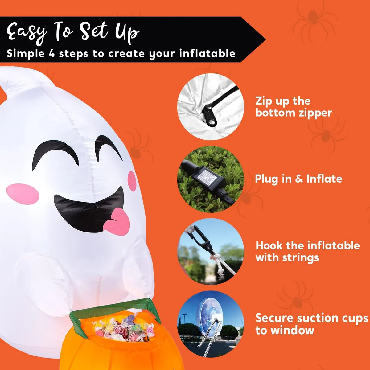 4.5 ft Tall Window Ghost  Halloween Inflatable Outdoor Decorations Blow Up Halloween Yard Decorations Inflatable Decor Blow Up Ghost with Candy Basket for Window Decor