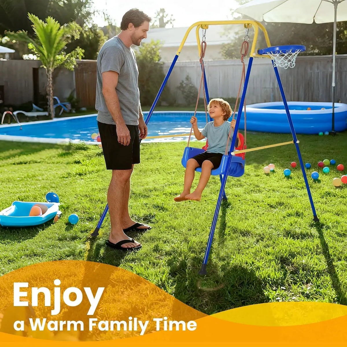 4-in-1 Foldable Toddler Swing Set – Durable Playground Equipment for Backyard or Home, with Basketball Hoop, Portable Outdoor Play Center for Ages 6–36 Months+