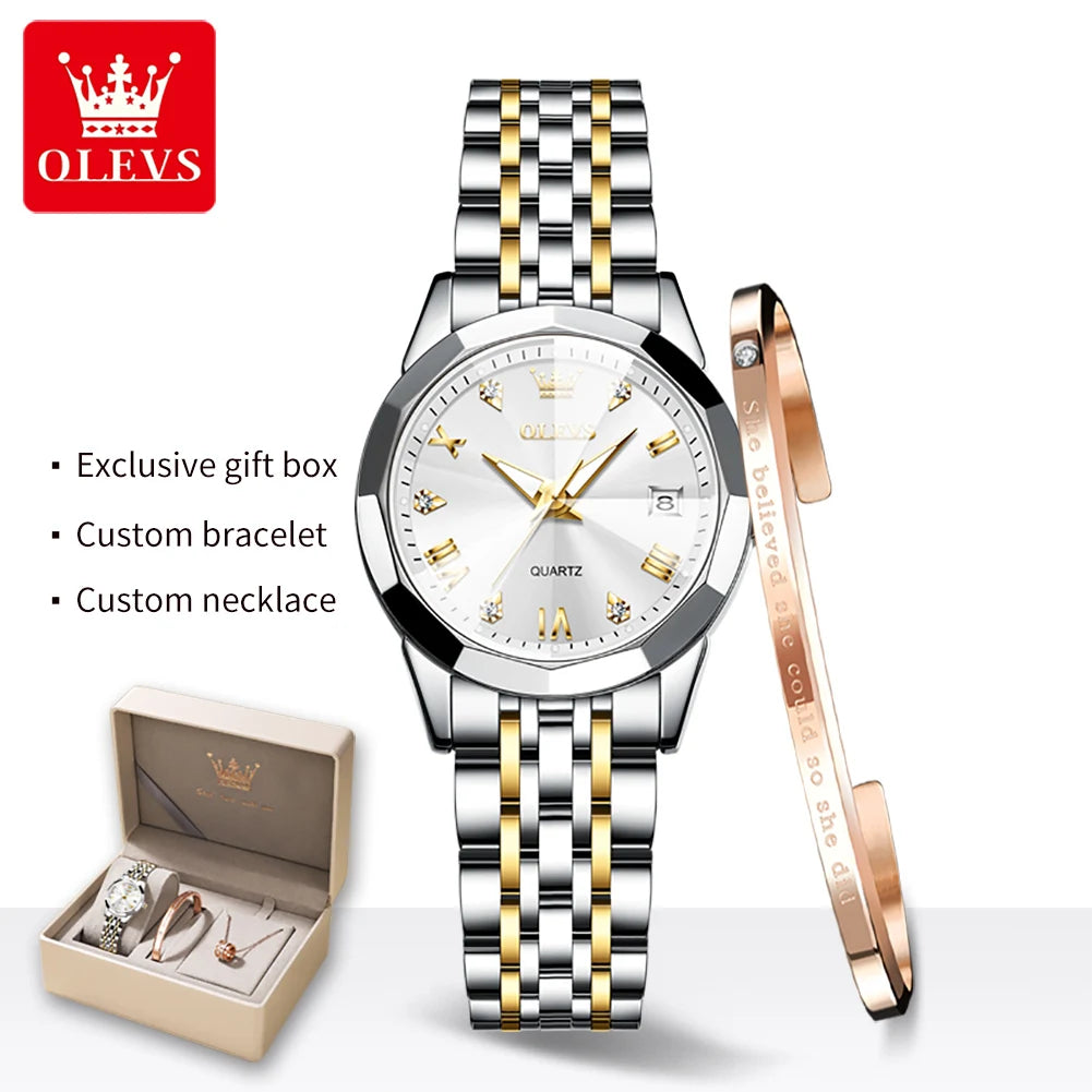OLEVS 9931 Quartz Women Watch Original Stainless Steel Dual Calendar Luxury Top Brand Waterproof Ladies Watches Jewelry Set Hot