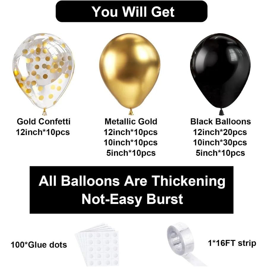100Pcs Black Gold Metallic Chrome and Gold Confetti Balloons Garland Kit with Balloon Tape for Elegant Wedding Birthday Graduat