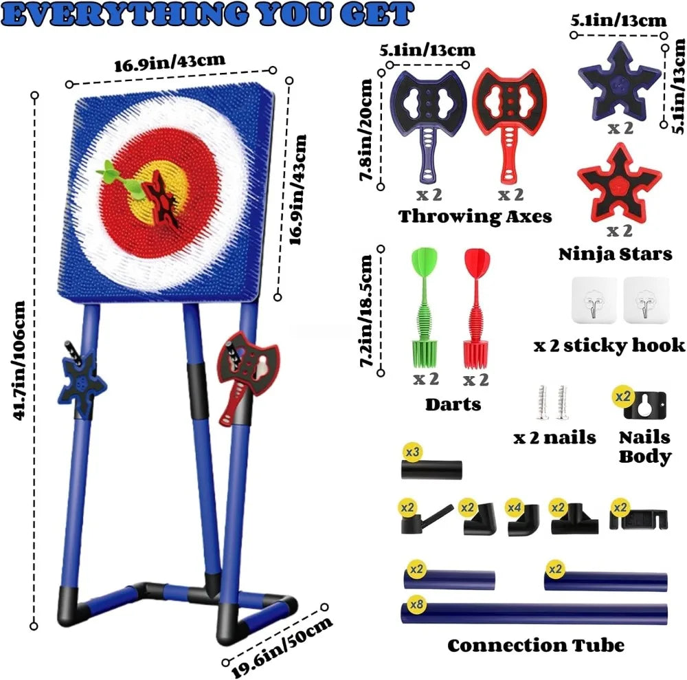 Axe Throwing Bristle Target Set with 4 Axes, 4 Ninja Stars, 4 Darts, Indoor Outdoor Backyard Game