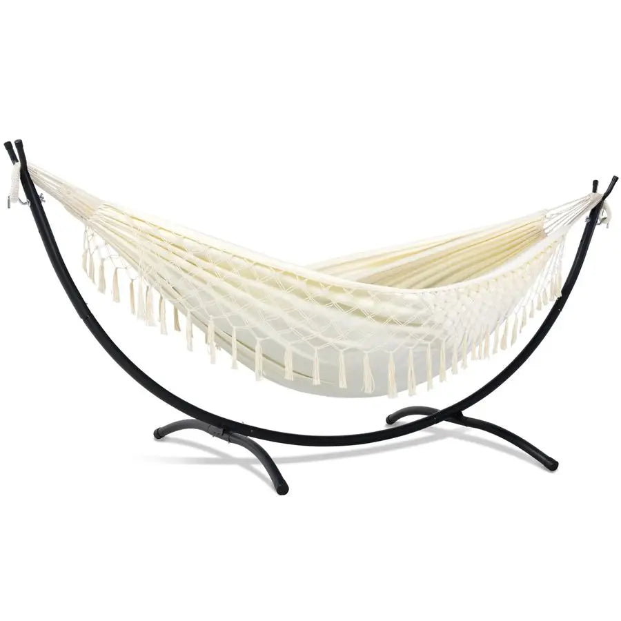 Portable Outdoor Hammock with Stand Included, Double Hammock with Tassel for Outside, Beige