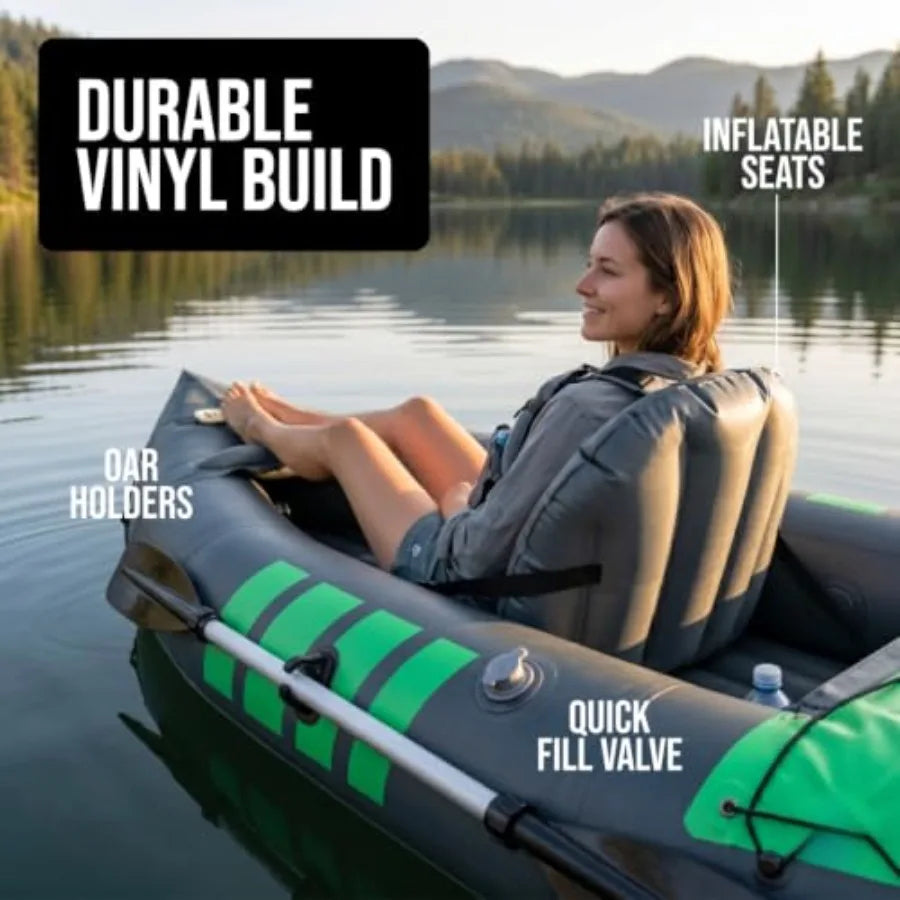 Inflatable Tandem Kayak Set For Outdoor Water Sports, PVC Material, Blue And Gray, Includes Seats Paddles Pump And Carry Bag